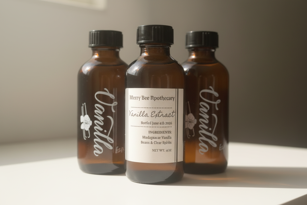 Three 4oz amber bottles of Merry Bee Apothecary Vanilla Extract with warm moody lighting