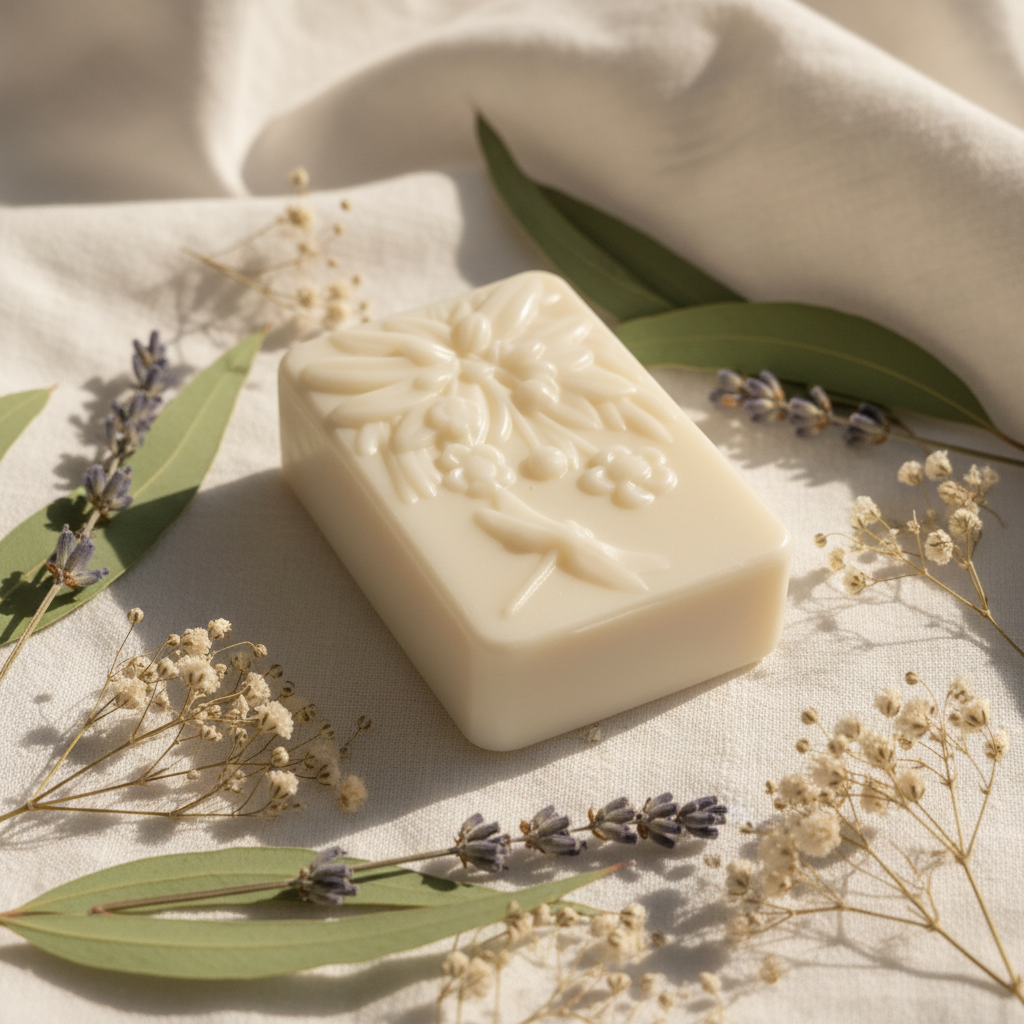 Handcrafted unscented goat milk soap bar with embossed floral design, styled with dried botanicals on soft linen