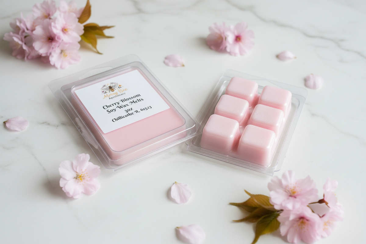 Cherry blossom soy wax melt clamshell with 6 blush pink cubes and Merry Bee Apothecary label