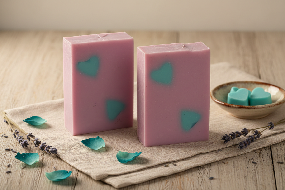 Cool musk goat milk soap bars with embedded teal hearts