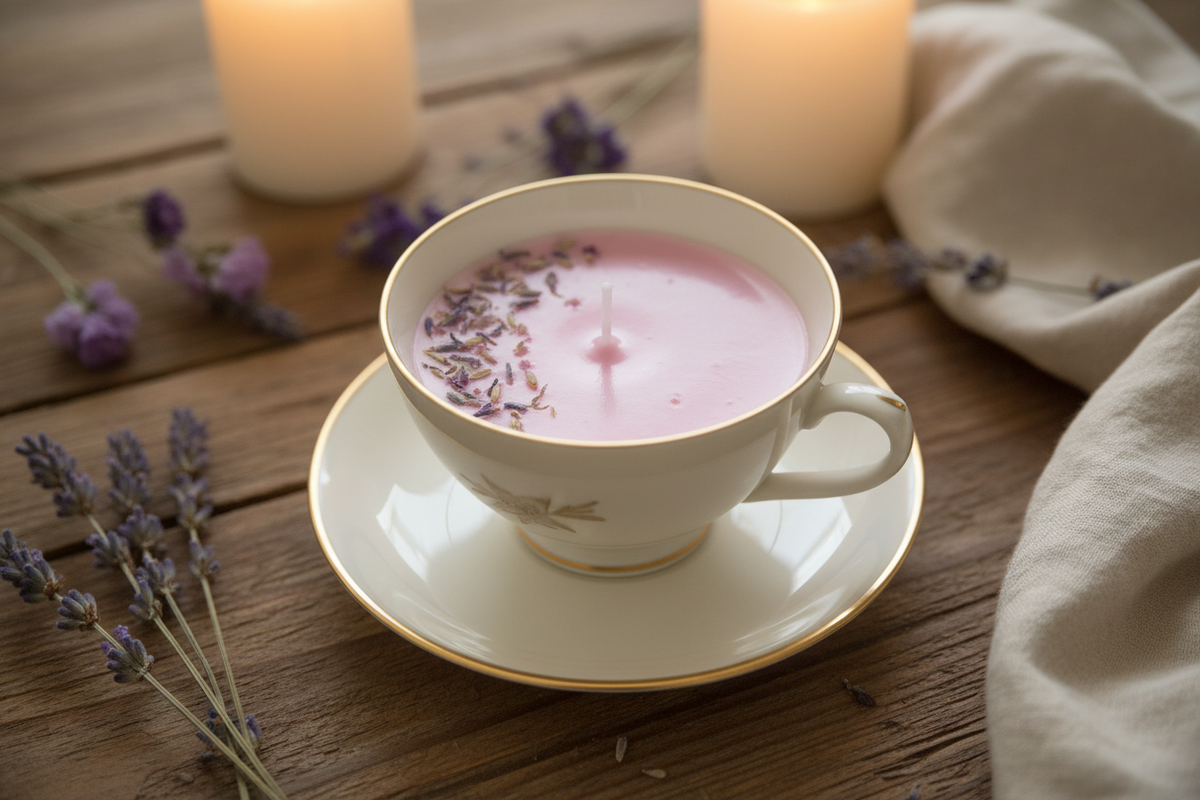 Lavender Tea Cup Candle with saucer - lifestyle photo