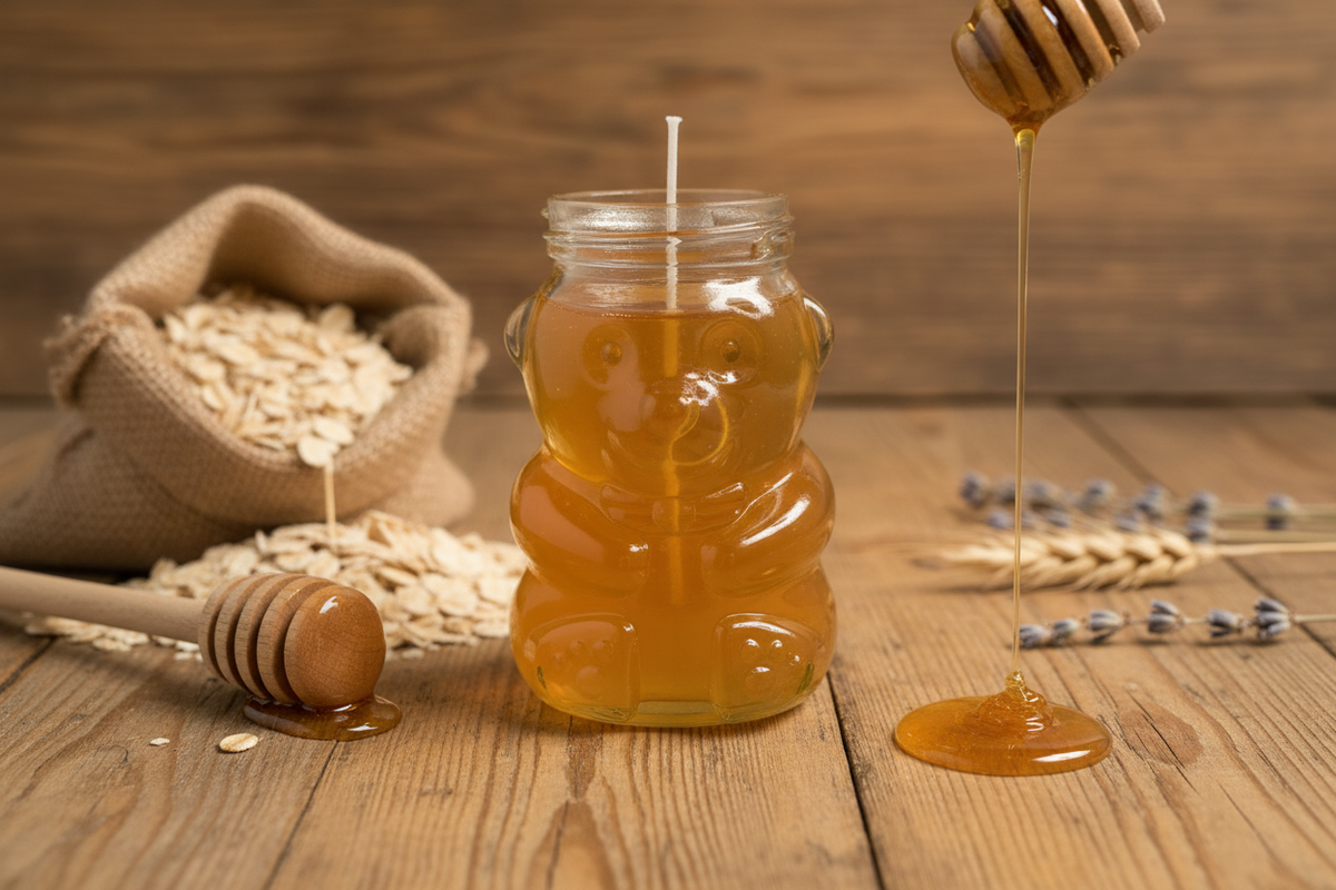 Honey bear jar candle with golden amber melted soy wax and white wick