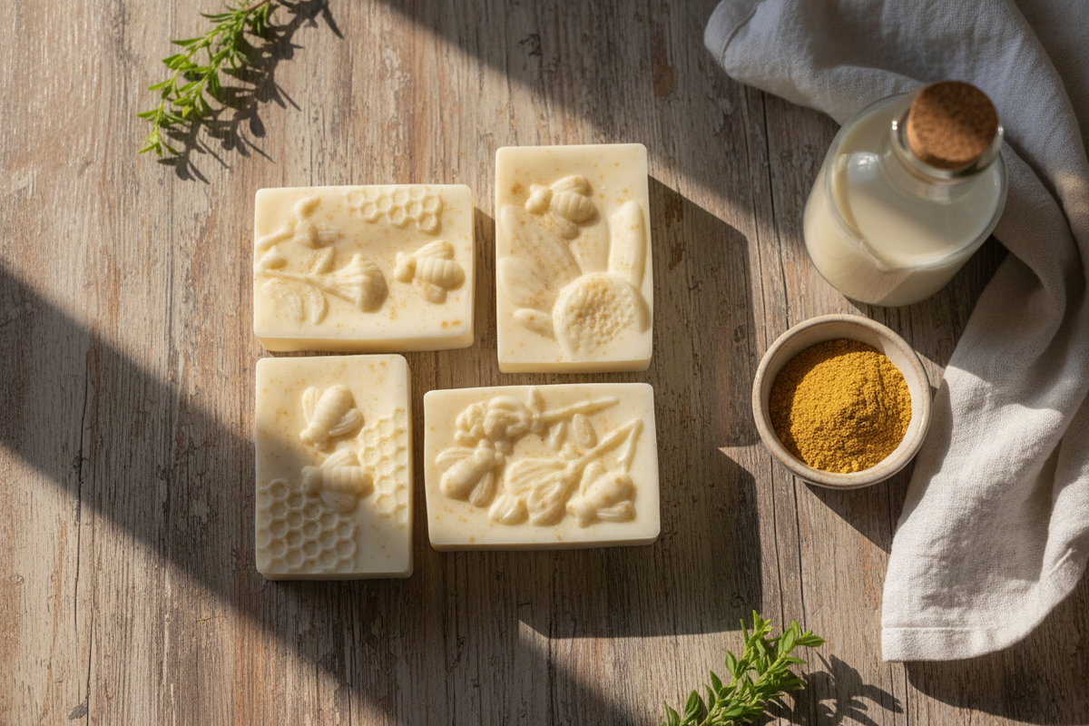 Goat Milk & Fenugreek Soap styled product photo on rustic wood surface
