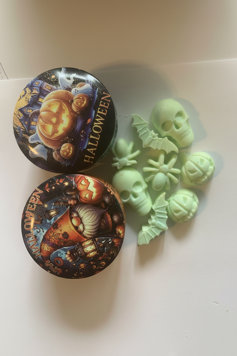 Pale supernatural green Halloween tin of Pear-anormal sweet and spiced pear soy wax melts