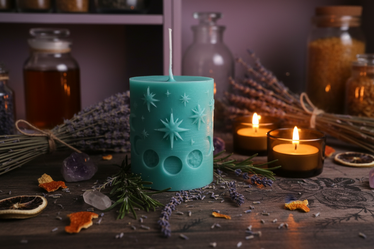 Celestial pillar candle styled product photo