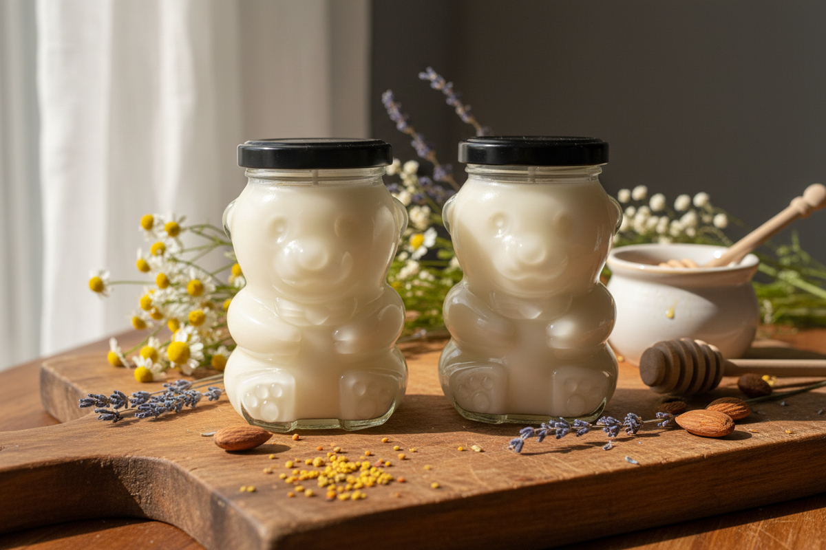 Two white honey bear jar soy wax candles with black lids