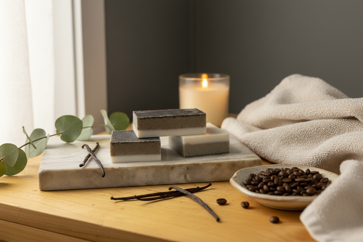 Goat Milk Espresso & Vanilla Soap lifestyle shot with coffee beans, vanilla pods and linen towel