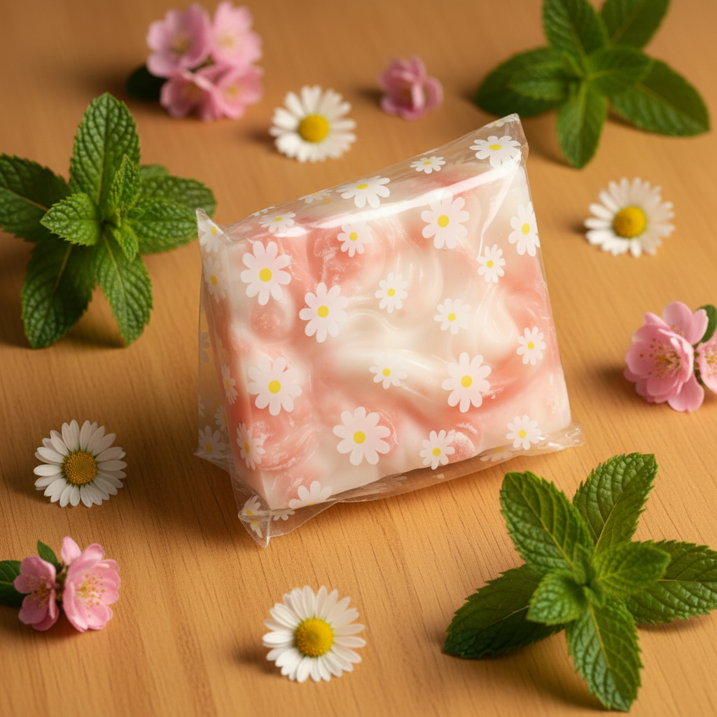 Peppermint swirl goat milk soap in daisy print packaging by Merry Bee Apothecary