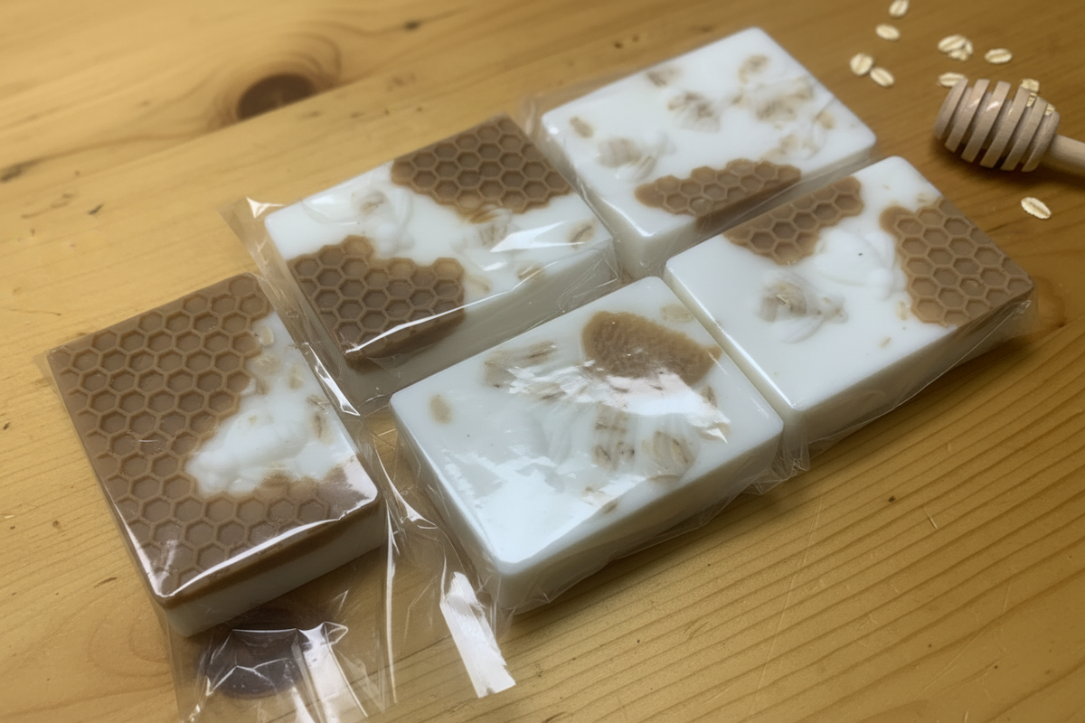 Honey oat goat milk soap bars with honeycomb embossed design