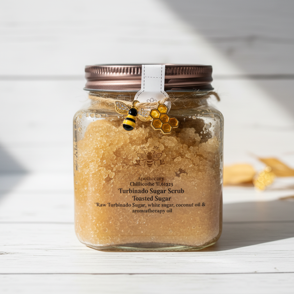 Glass jar of golden toasted sugar turbinado scrub with bee charm and honeycomb decoration