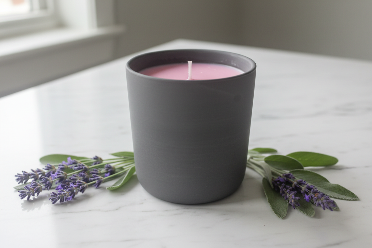 Lavender and sage spa candle open showing pink-lavender soy wax and white wick