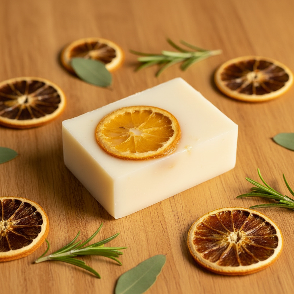 Handmade sandalwood and citrus goat milk soap bar with dried orange slice by Merry Bee Apothecary
