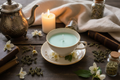 Green Tea Tea Cup Candle with saucer - lifestyle photo