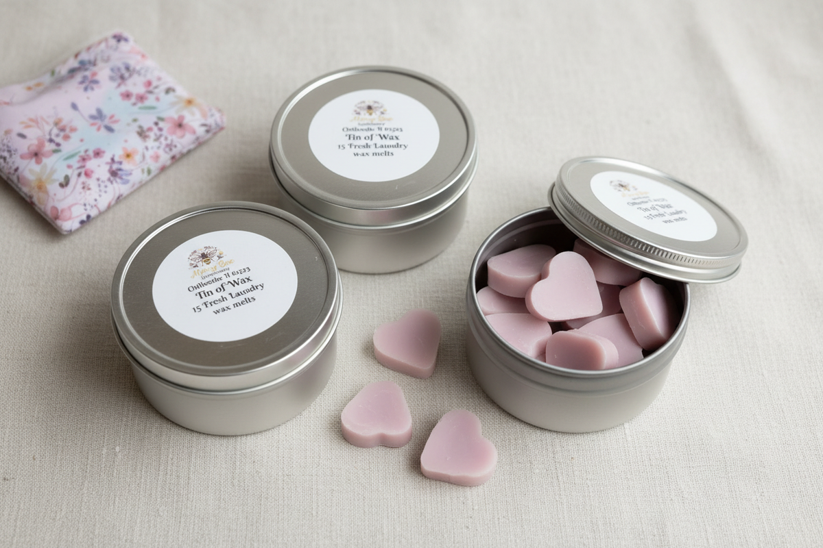 Fresh Laundry soy wax melt tin with heart-shaped lavender melts