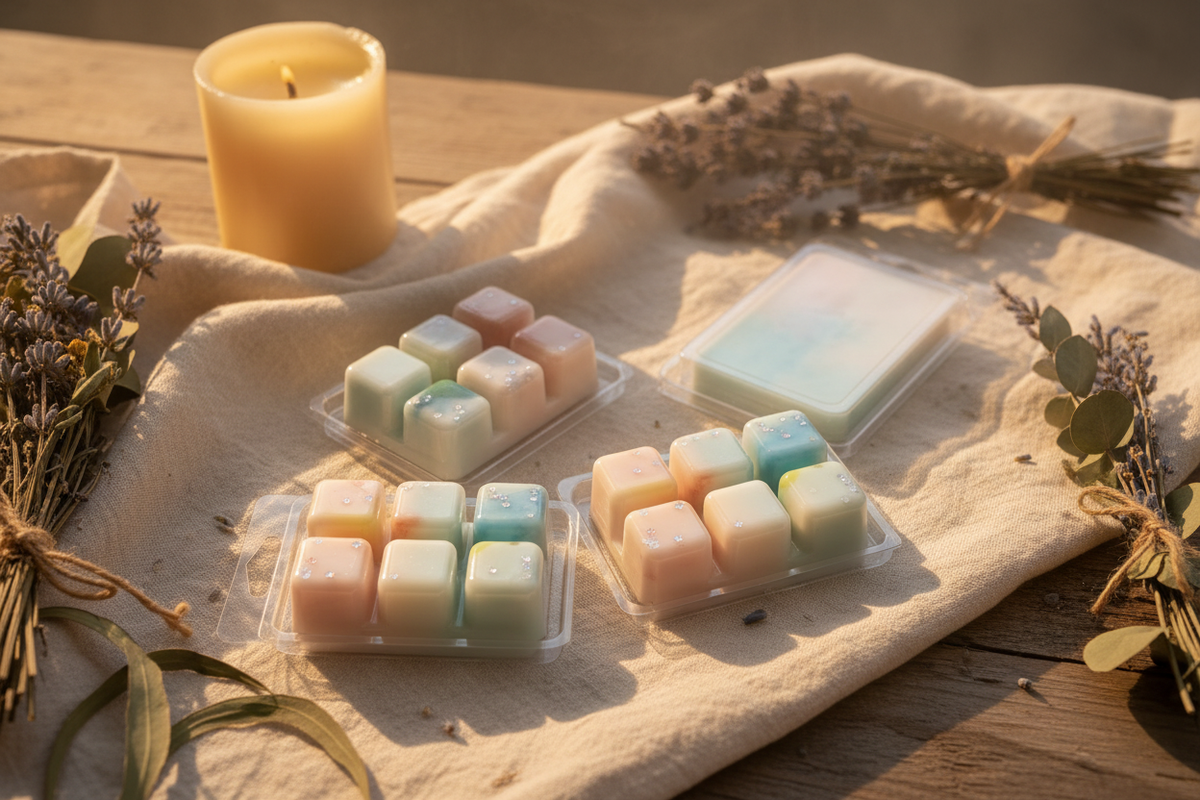 Five Star Magic Wax Melts Clamshell lifestyle photo - pastel tie dye swirl wax melts in a cozy apothecary scene