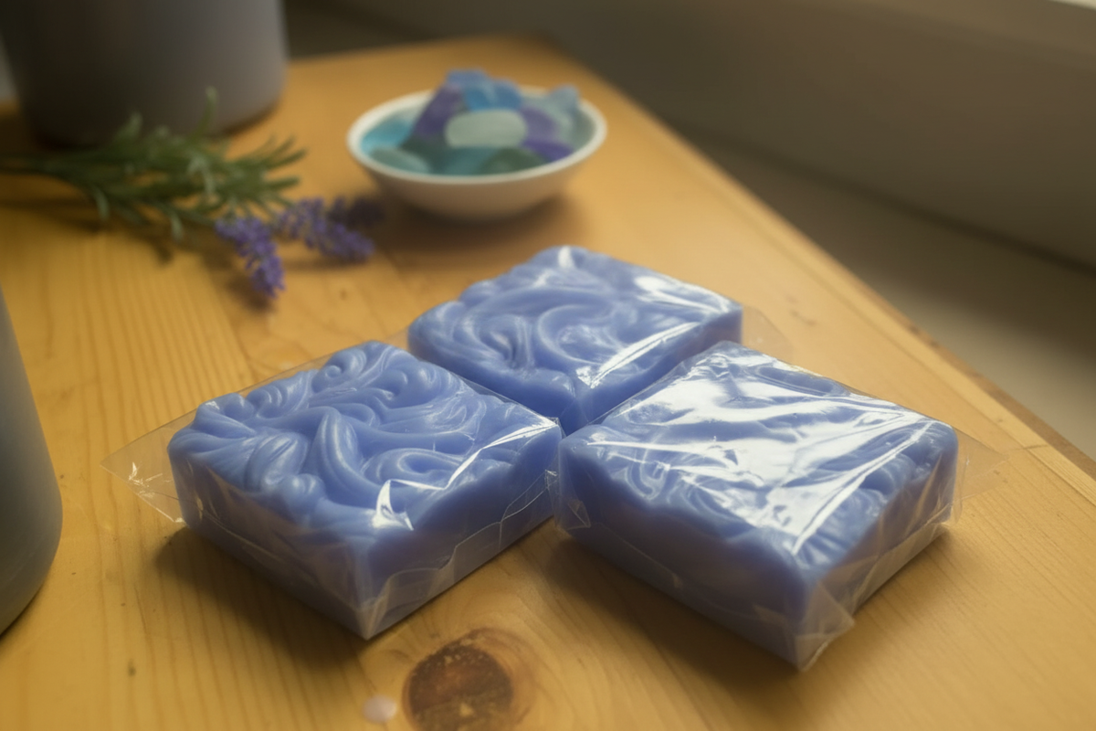Periwinkle blue sea spa goat milk soap bars with ocean wave embossed design