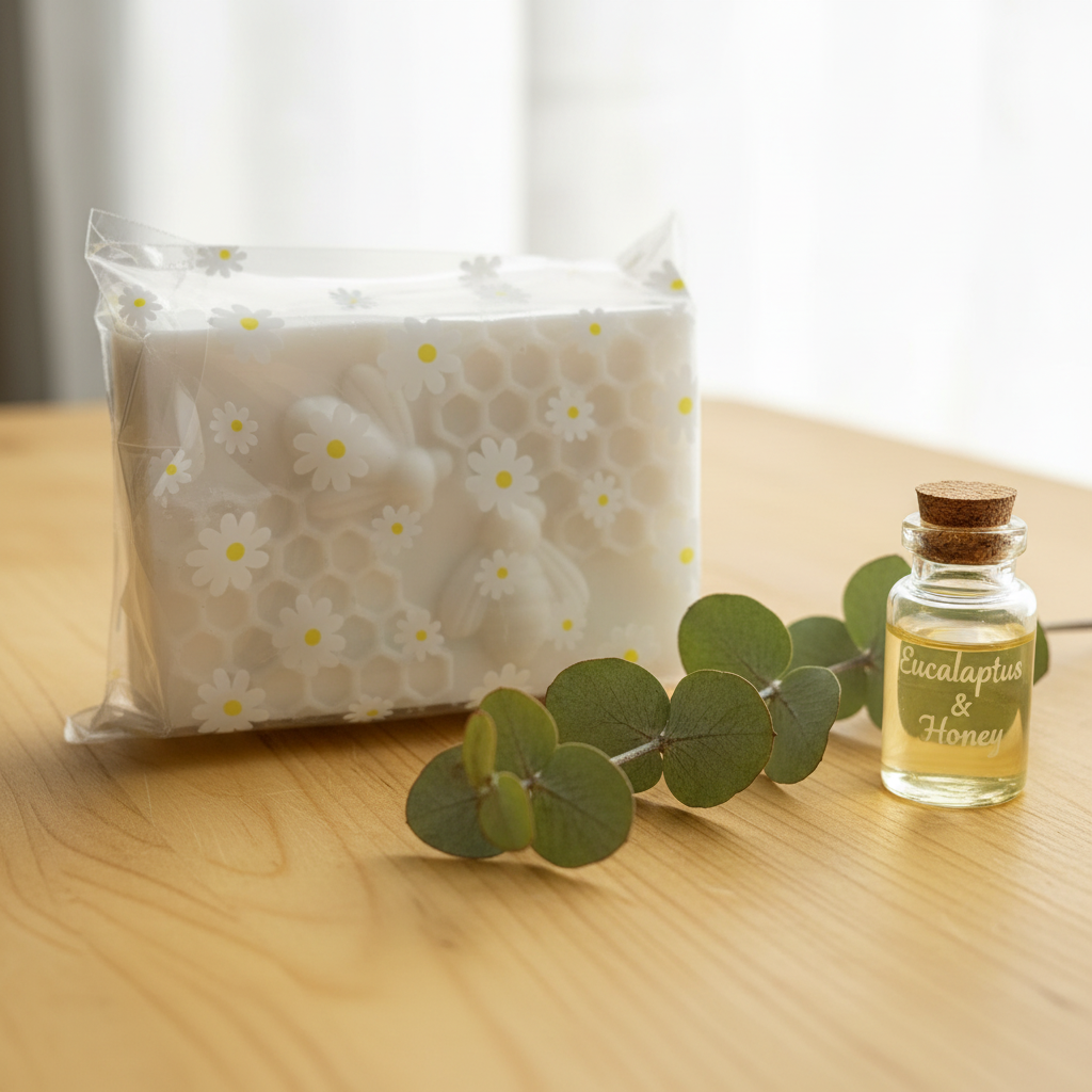 Eucalyptus goat milk soap in daisy print packaging by Merry Bee Apothecary
