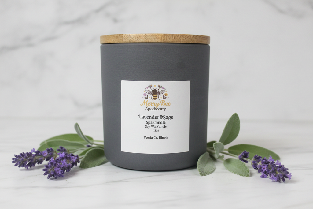 Lavender and sage spa candle in matte gray jar with bamboo lid and Merry Bee Apothecary label
