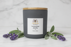 Lavender and sage spa candle in matte gray jar with bamboo lid and Merry Bee Apothecary label
