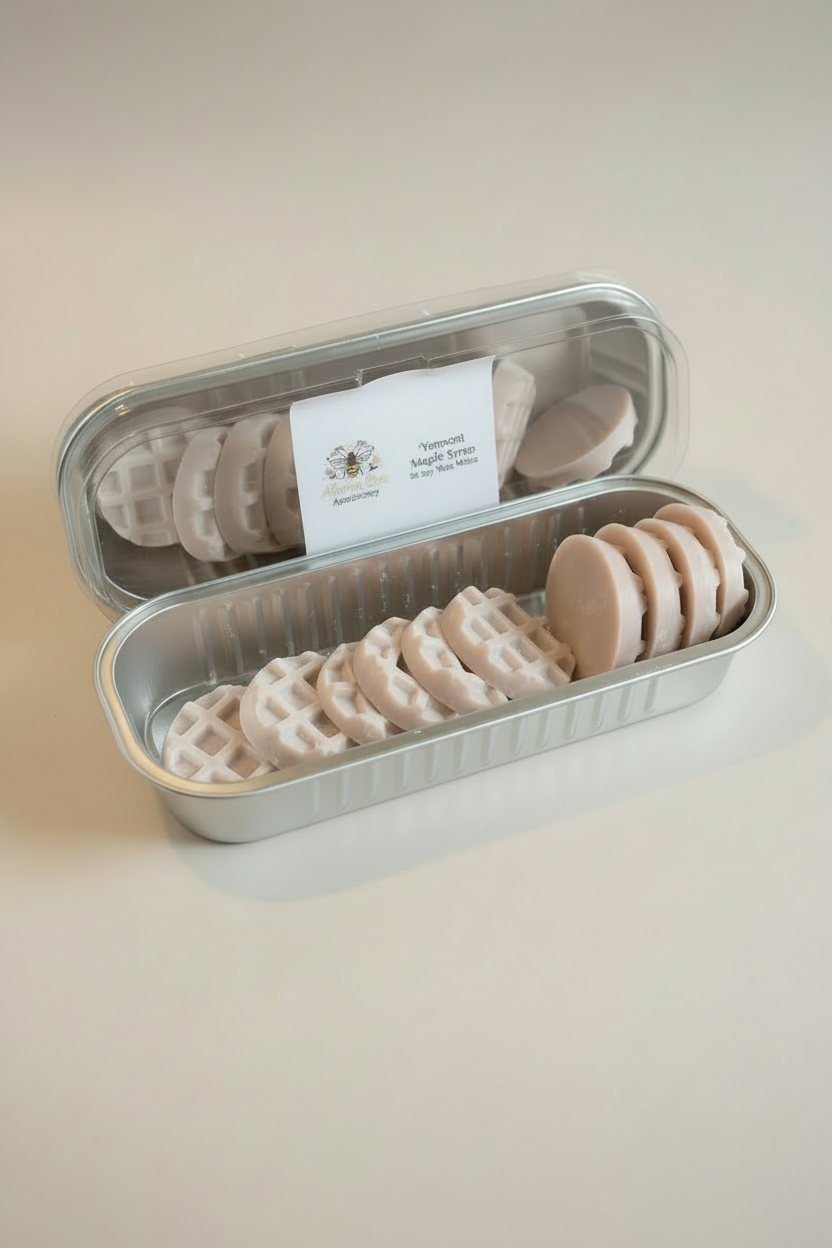 Close-up of Vermont Maple Syrup waffle and round soy wax melts in a 10 count pack
