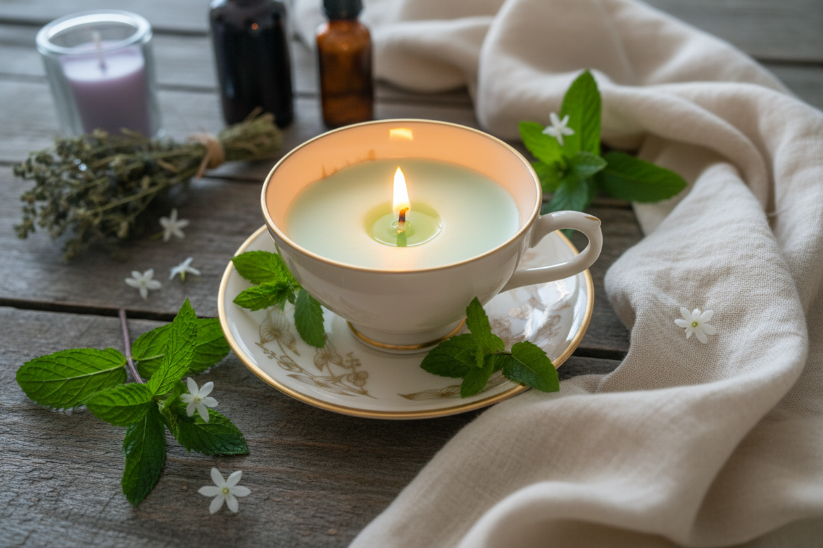 Mint Tea Cup Candle - lifestyle photo