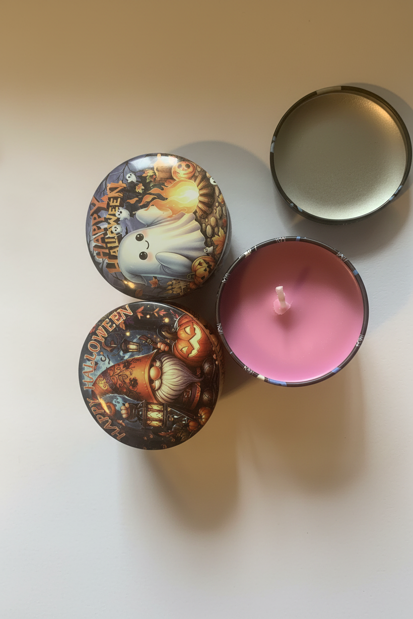 Hocus Pocus 4 ounce scented soy candle tin with Halloween artwork on a clean background